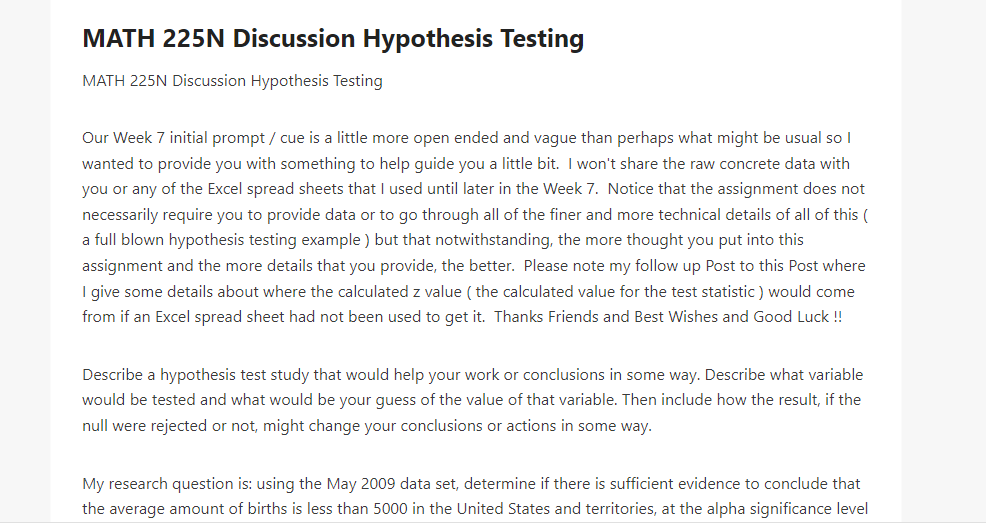 MATH 225N Discussion Hypothesis Testing