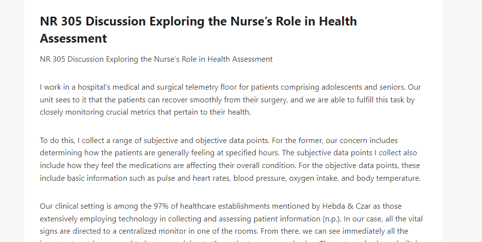 NR 305 Discussion Exploring the Nurse’s Role in Health Assessment