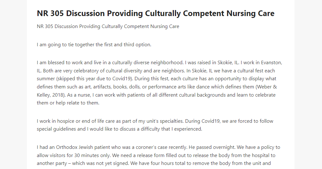 NR 305 Discussion Providing Culturally Competent Nursing Care