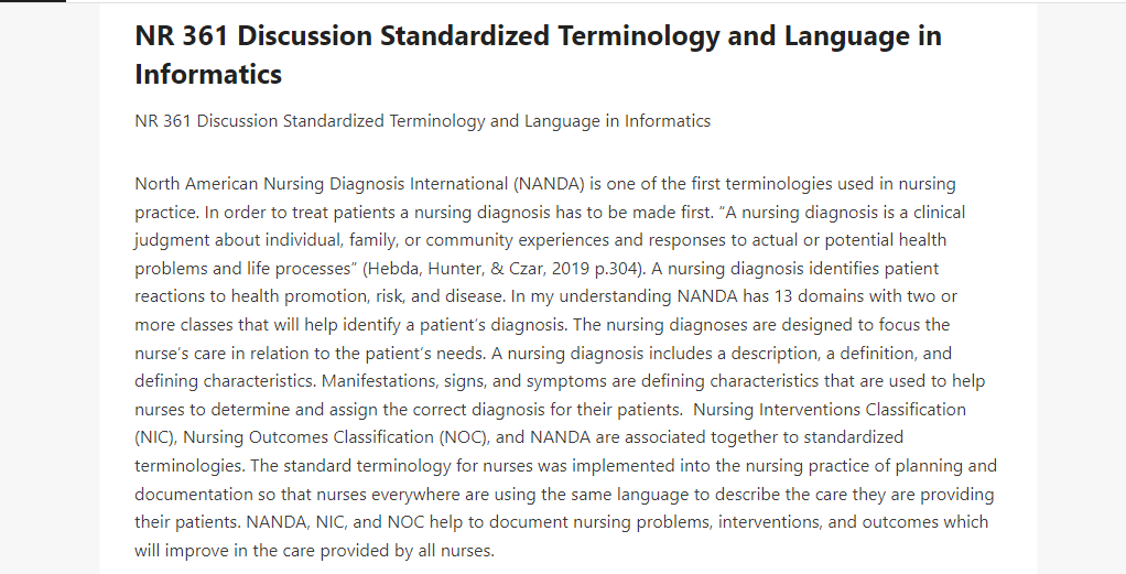 NR 361 Discussion Standardized Terminology and Language in Informatics
