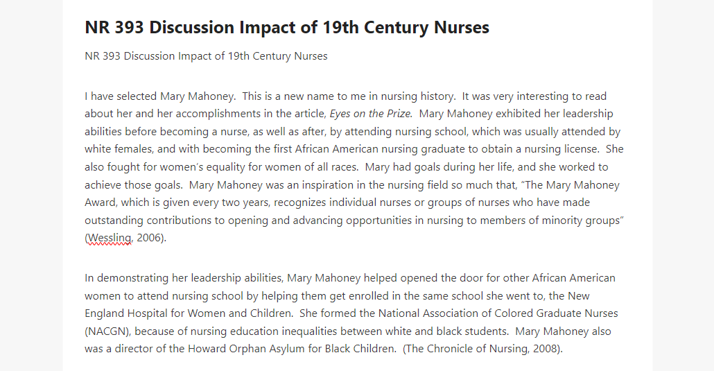 NR 393 Discussion Impact of 19th Century Nurses 