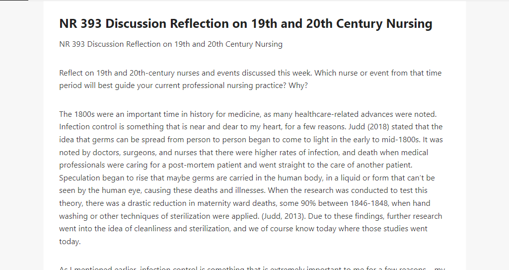 NR 393 Discussion Reflection on 19th and 20th Century Nursing