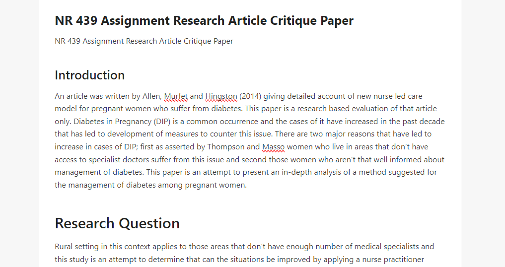 NR 439 Assignment Research Article Critique Paper