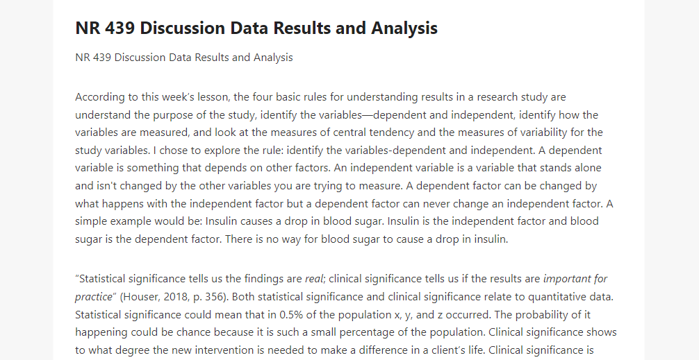 NR 439 Discussion Data Results and Analysis