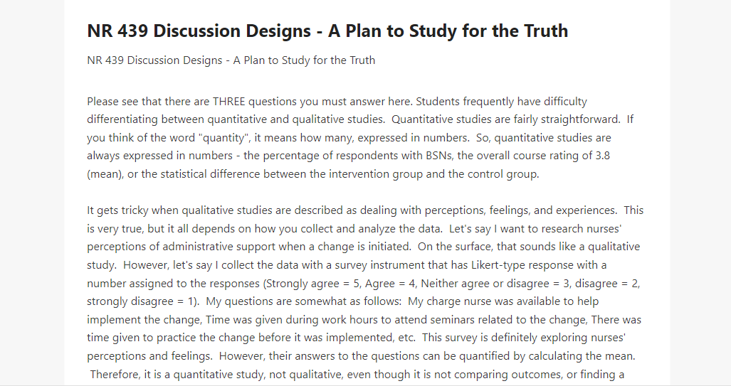 NR 439 Discussion Designs - A Plan to Study for the Truth 