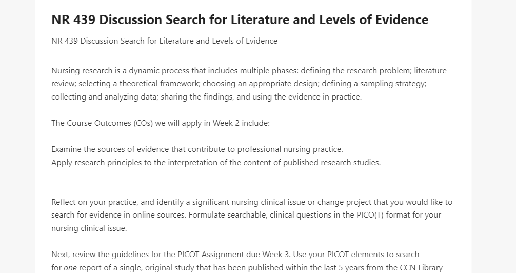 NR 439 Discussion Search for Literature and Levels of Evidence