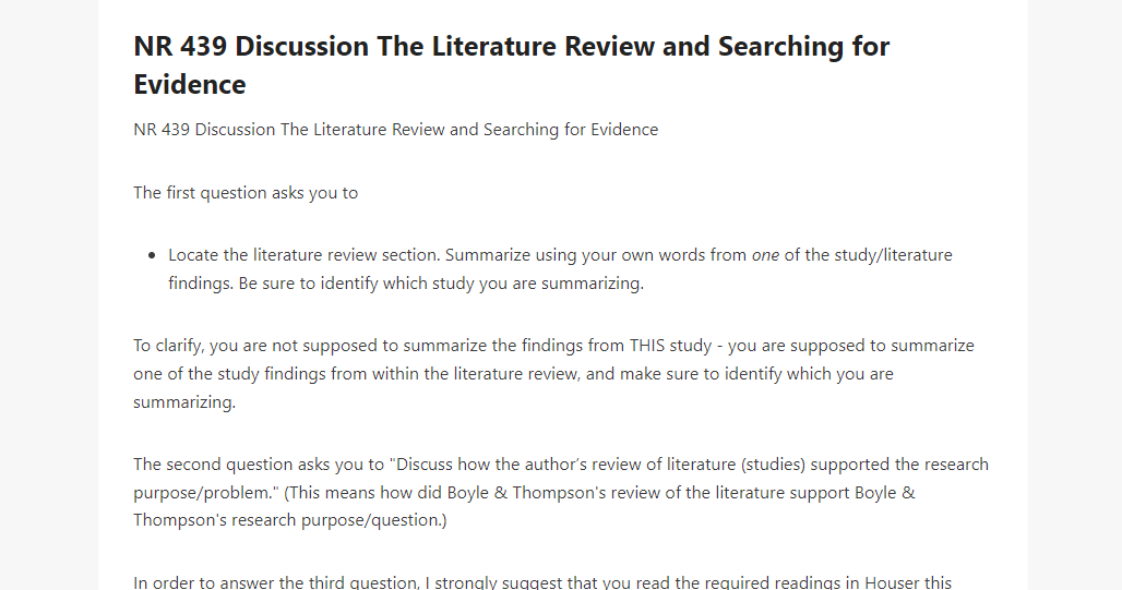 NR 439 Discussion The Literature Review and Searching for Evidence