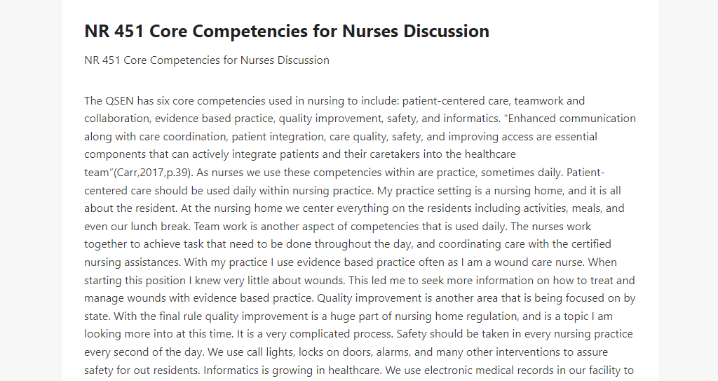 NR 451 Core Competencies for Nurses Discussion