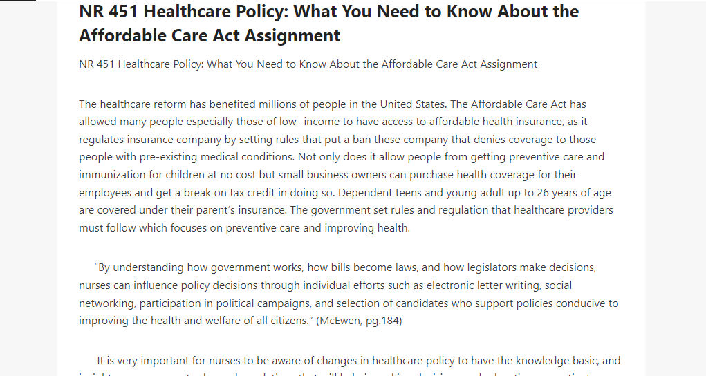 NR 451 Healthcare Policy What You Need to Know About the Affordable Care Act Assignment