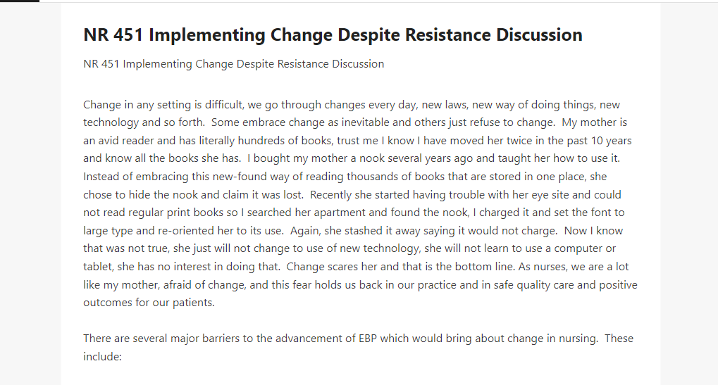 NR 451 Implementing Change Despite Resistance Discussion