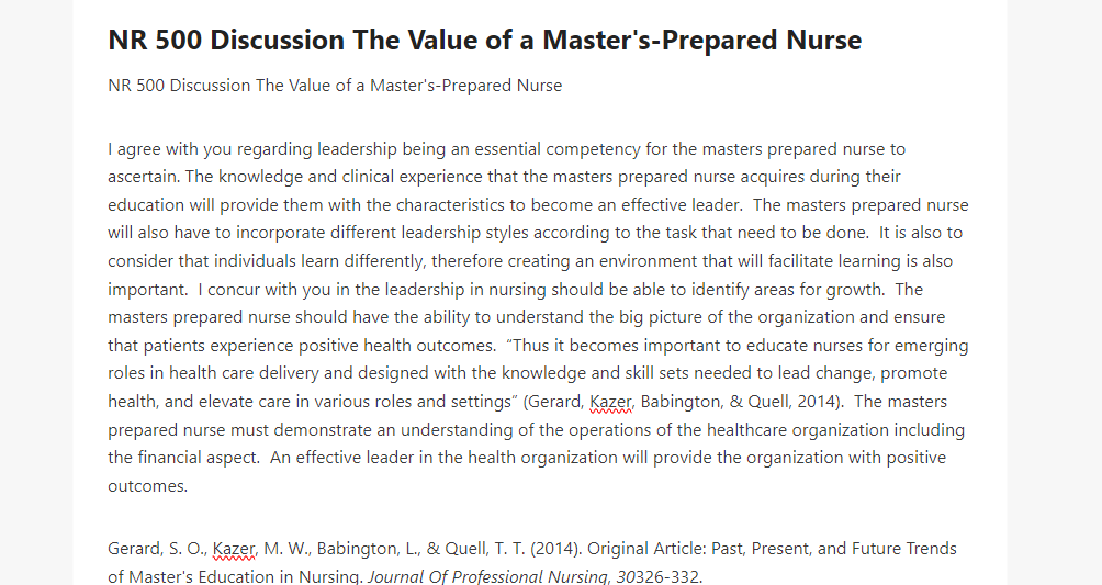 NR 500 Discussion The Value of a Master's-Prepared Nurse
