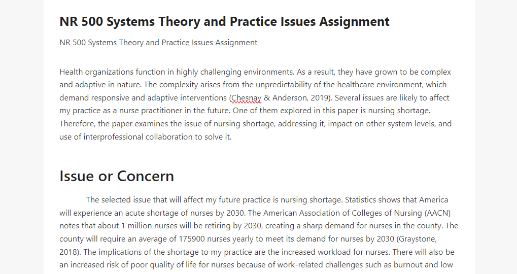 NR 500 Systems Theory and Practice Issues Assignment