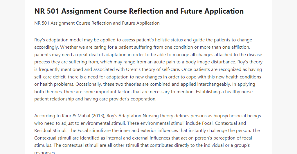 NR 501 Assignment Course Reflection and Future Application