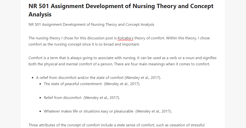 NR 501 Assignment Development of Nursing Theory and Concept Analysis