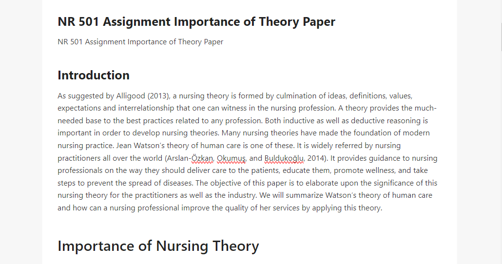 NR 501 Assignment Importance of Theory Paper