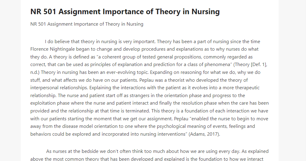 NR 501 Assignment Importance of Theory in Nursing