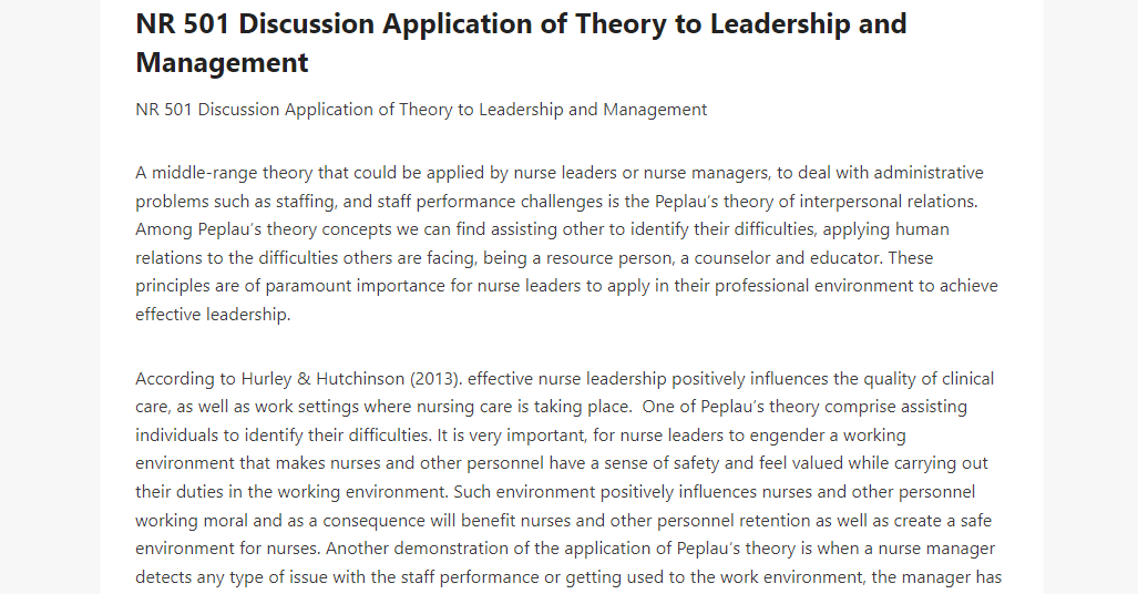 NR 501 Discussion Application of Theory to Leadership and Management