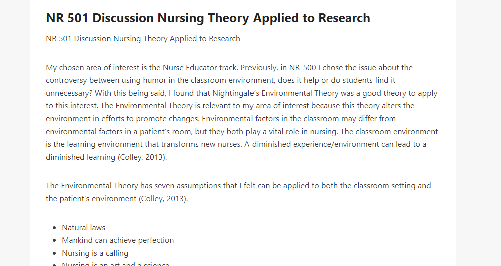 NR 501 Discussion Nursing Theory Applied to Research