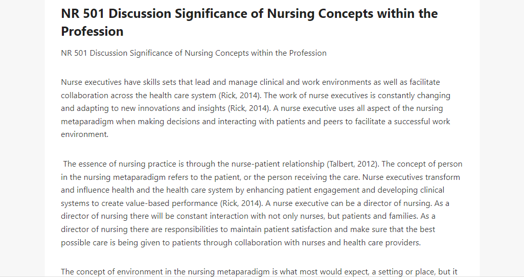NR 501 Discussion Significance of Nursing Concepts within the Profession