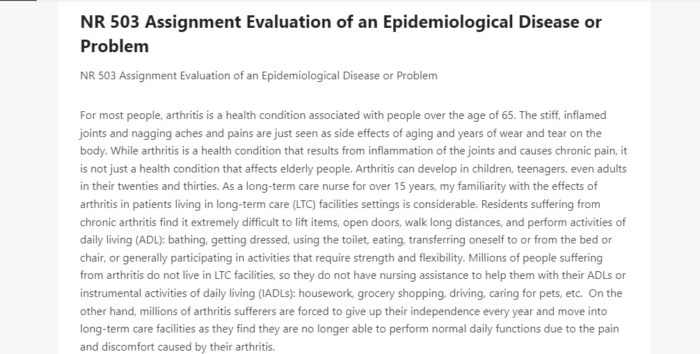 NR 503 Assignment Evaluation of an Epidemiological Disease or Problem
