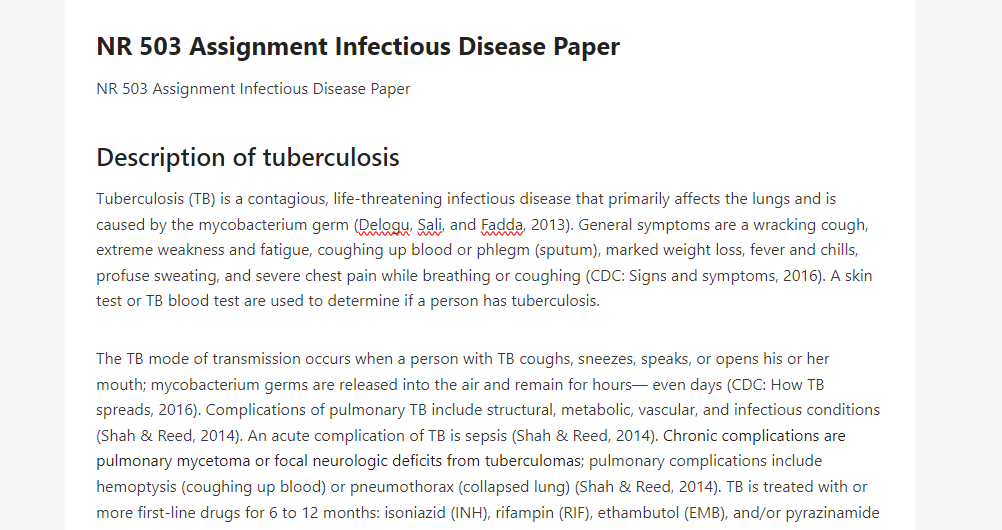 NR 503 Assignment Infectious Disease Paper