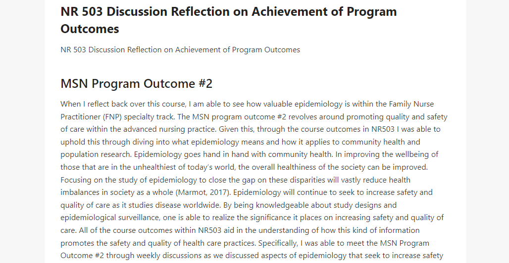 NR 503 Discussion Reflection on Achievement of Program Outcomes