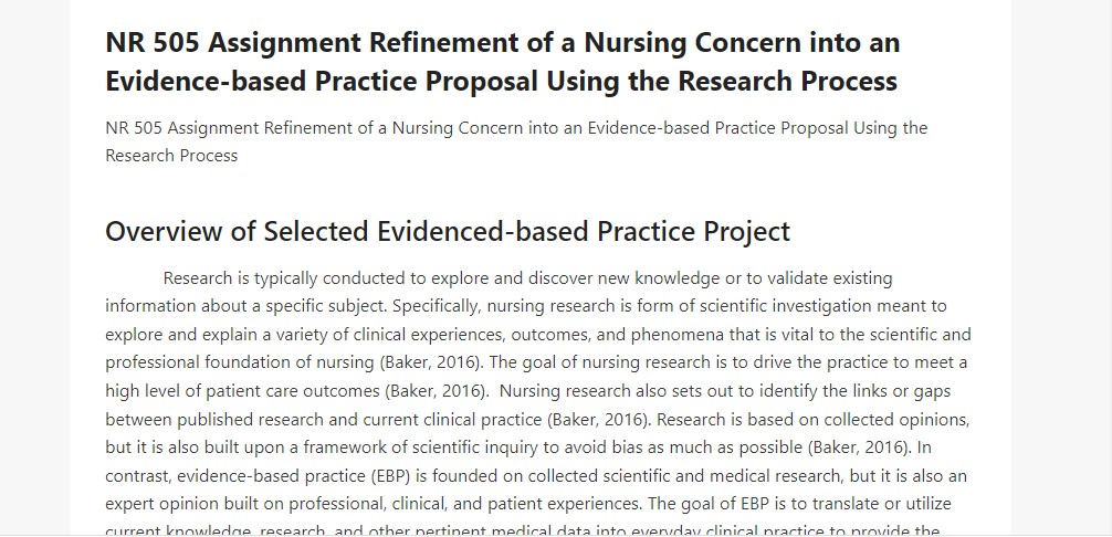 NR 505 Assignment Refinement of a Nursing Concern into an Evidence-based Practice Proposal Using the Research Process