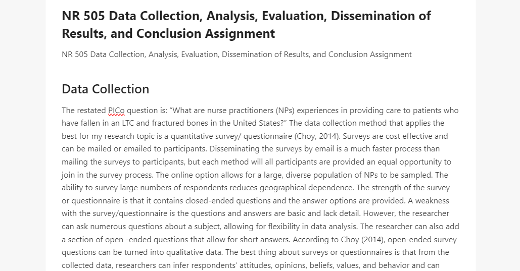 NR 505 Data Collection, Analysis, Evaluation, Dissemination of Results, and Conclusion Assignment