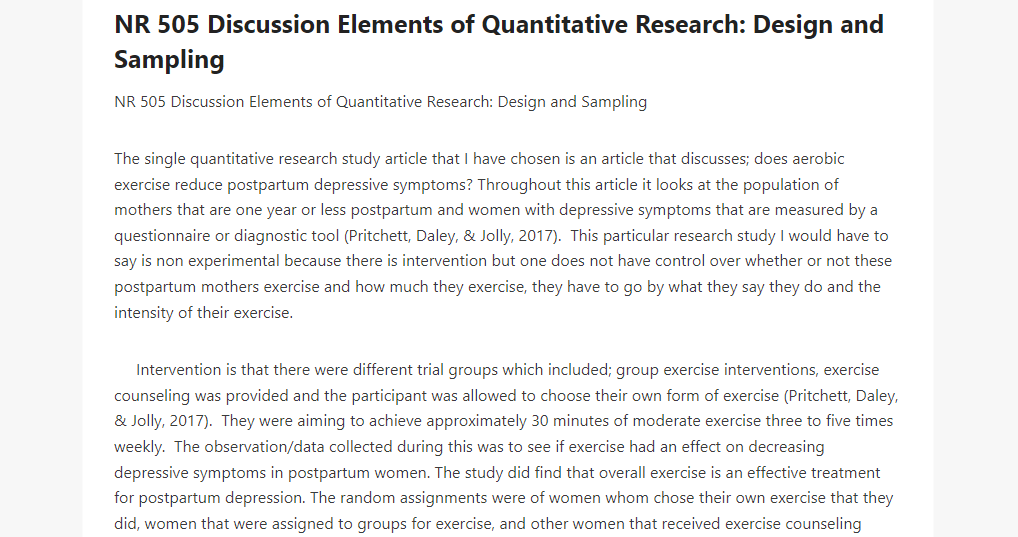 NR 505 Discussion Elements of Quantitative Research Design and Sampling