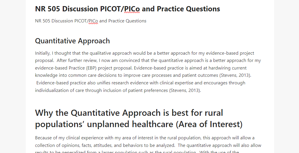 NR 505 Discussion PICOT PICo and Practice Questions