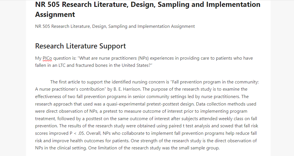 NR 505 Research Literature, Design, Sampling and Implementation Assignment