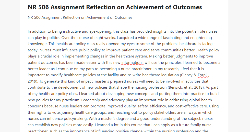 NR 506 Assignment Reflection on Achievement of Outcomes 