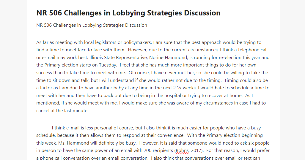 NR 506 Challenges in Lobbying Strategies Discussion