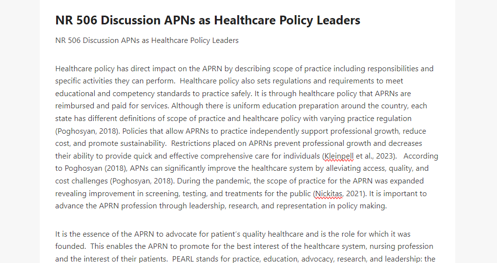 NR 506 Discussion APNs as Healthcare Policy Leaders