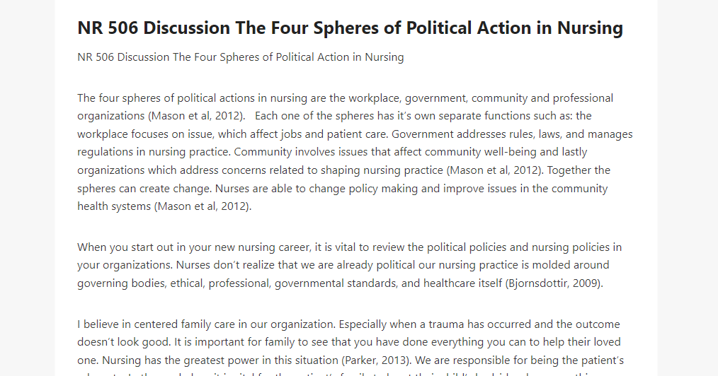 NR 506 Discussion The Four Spheres of Political Action in Nursing