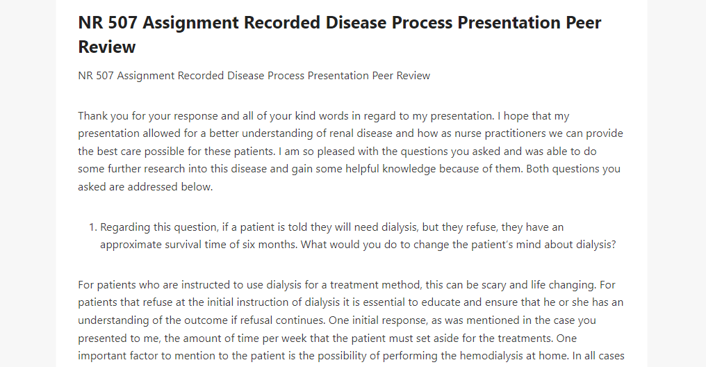 NR 507 Assignment Recorded Disease Process Presentation Peer Review