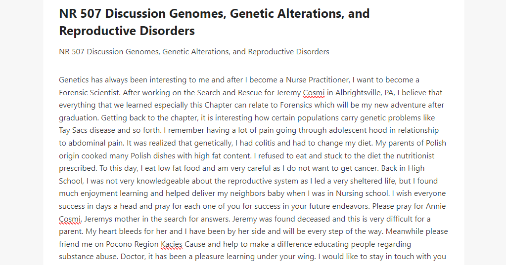 NR 507 Discussion Genomes, Genetic Alterations, and Reproductive Disorders
