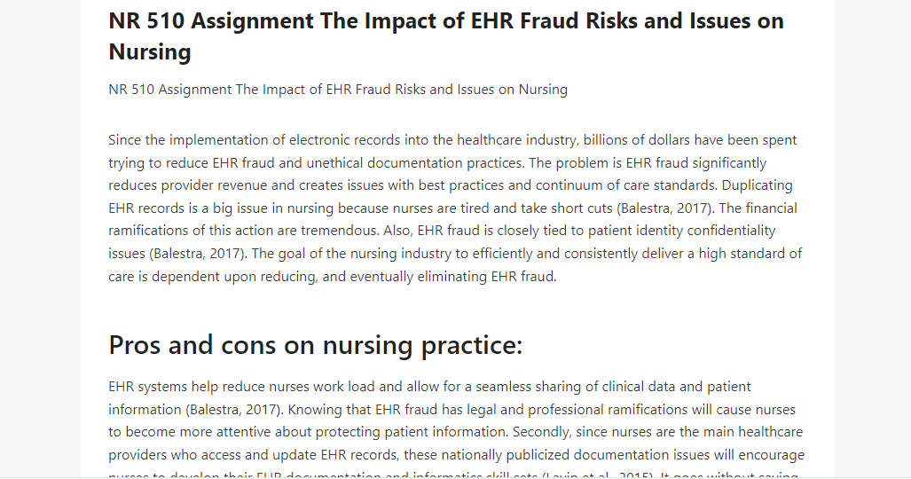 NR 510 Assignment The Impact of EHR Fraud Risks and Issues on Nursing
