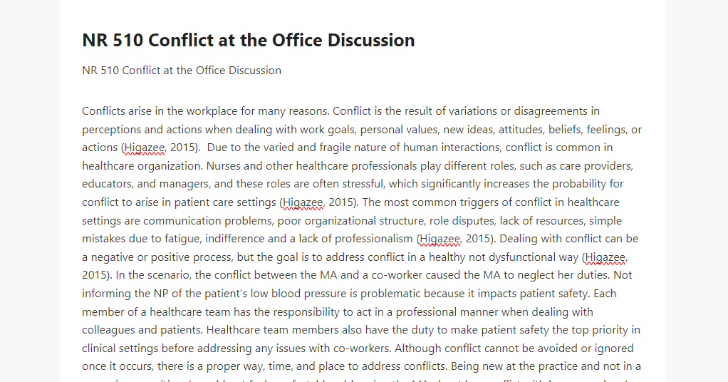NR 510 Conflict at the Office Discussion