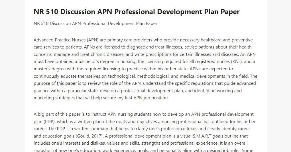 NR 510 Discussion APN Professional Development Plan Paper