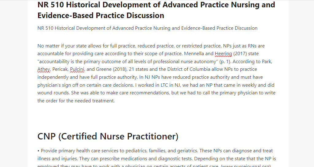 NR 510 Historical Development of Advanced Practice Nursing and Evidence-Based Practice Discussion