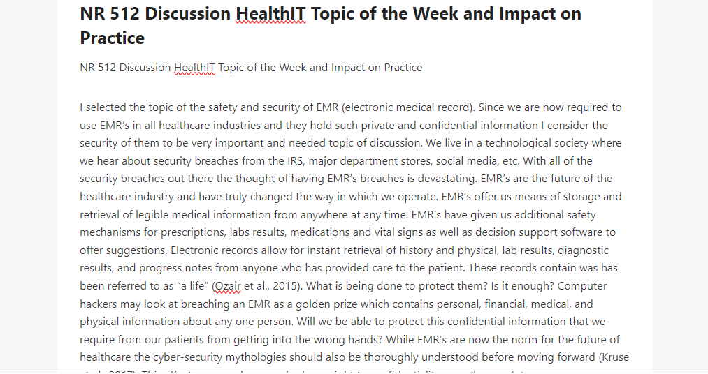 NR 512 Discussion HealthIT Topic of the Week and Impact on Practice