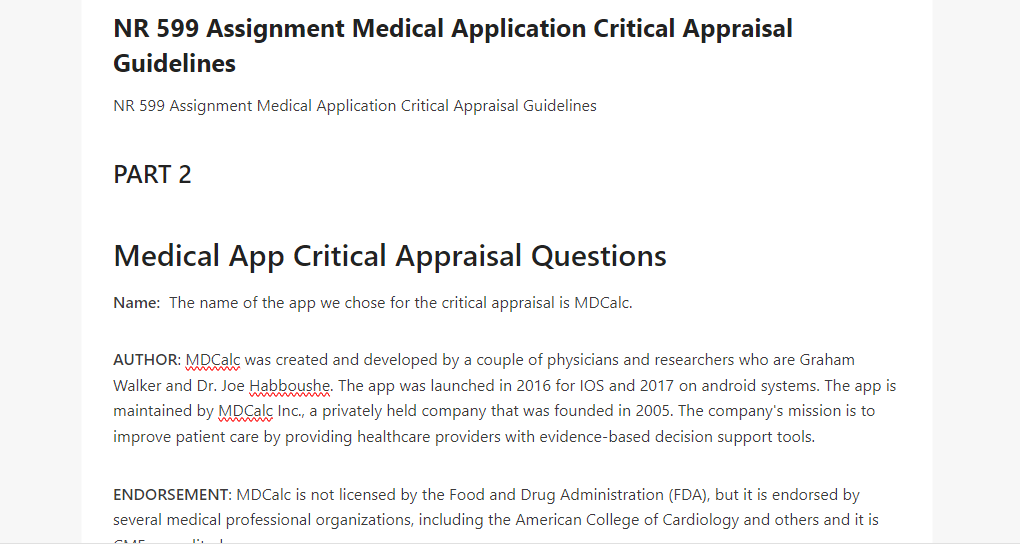 NR 599 Assignment Medical Application Critical Appraisal Guidelines 