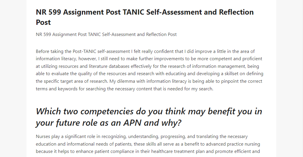 NR 599 Assignment Post TANIC Self-Assessment and Reflection Post 
