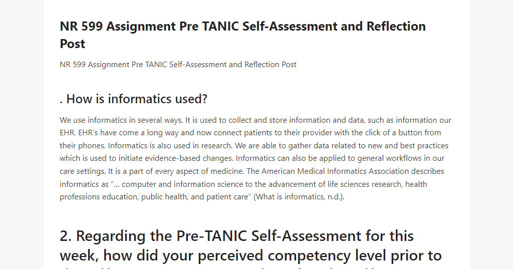 NR 599 Assignment Pre TANIC Self-Assessment and Reflection Post