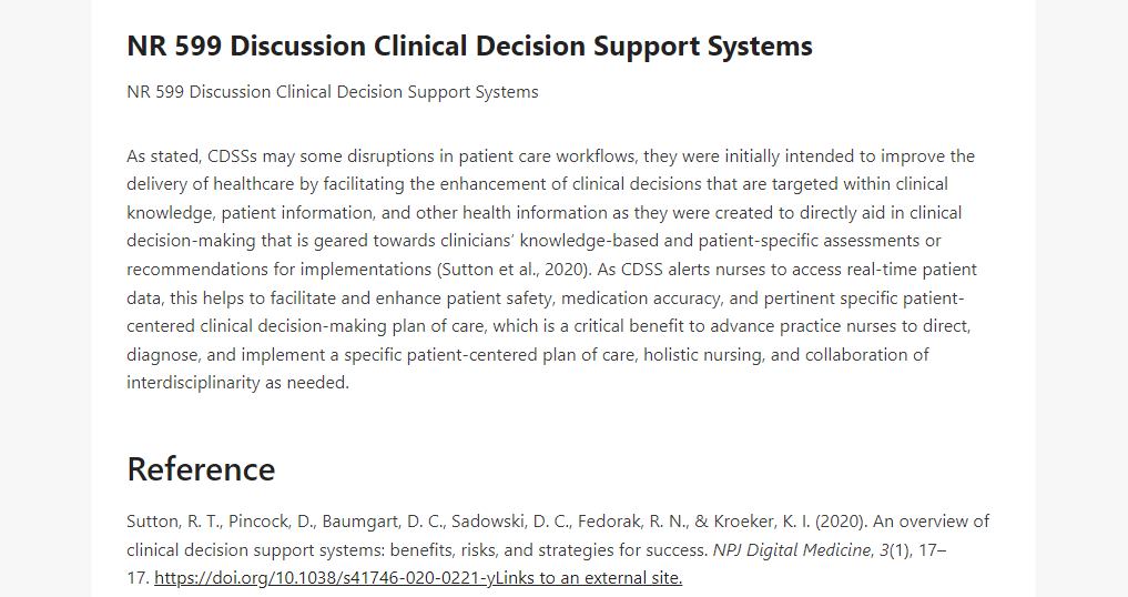 NR 599 Discussion Clinical Decision Support Systems 