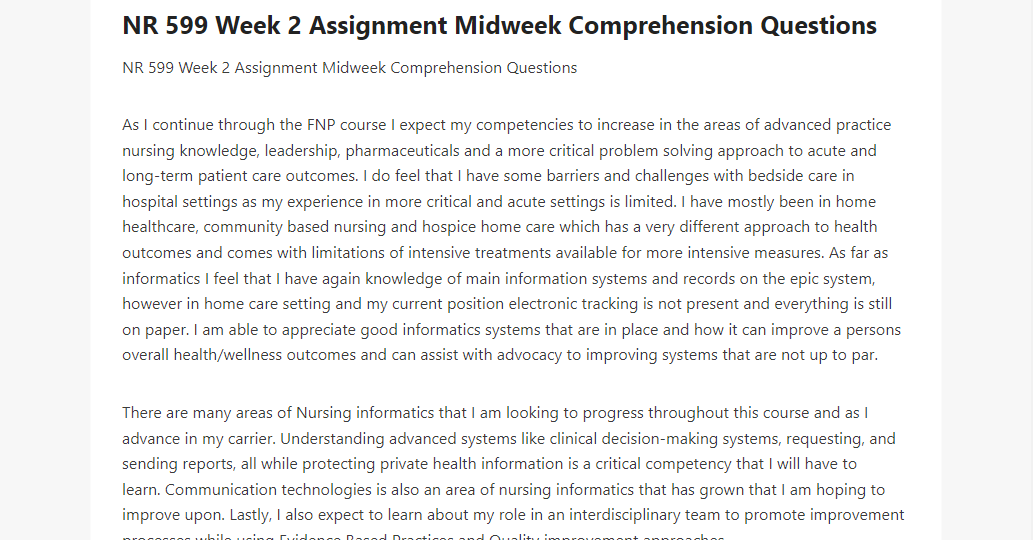 NR 599 Week 2 Assignment Midweek Comprehension Questions