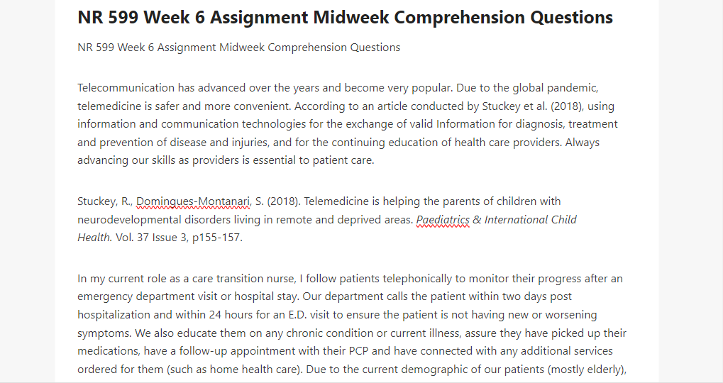 NR 599 Week 6 Assignment Midweek Comprehension Questions
