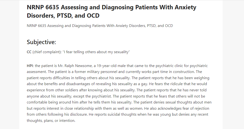 NRNP 6635 Assessing and Diagnosing Patients With Anxiety Disorders, PTSD, and OCD