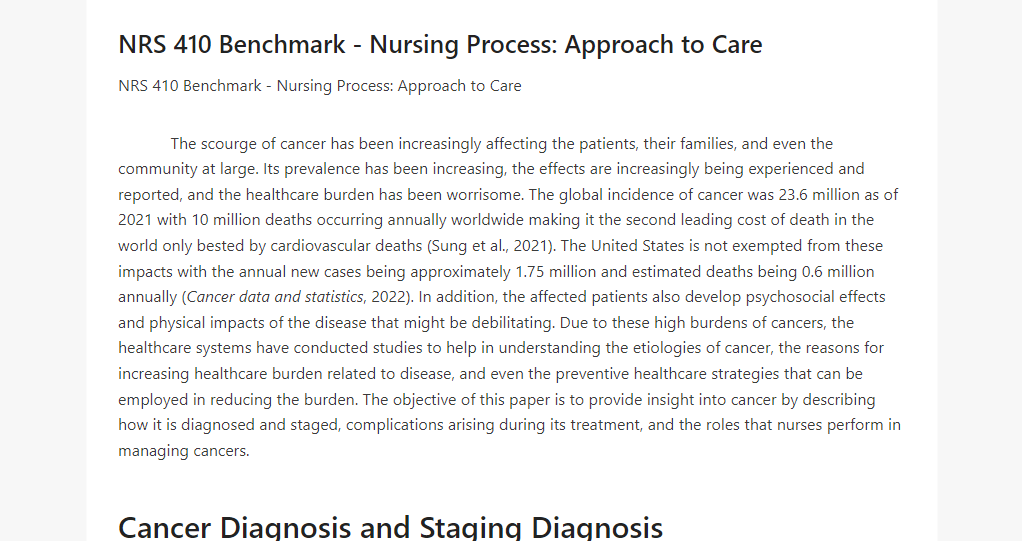 NRS 410 Benchmark - Nursing Process Approach to Care